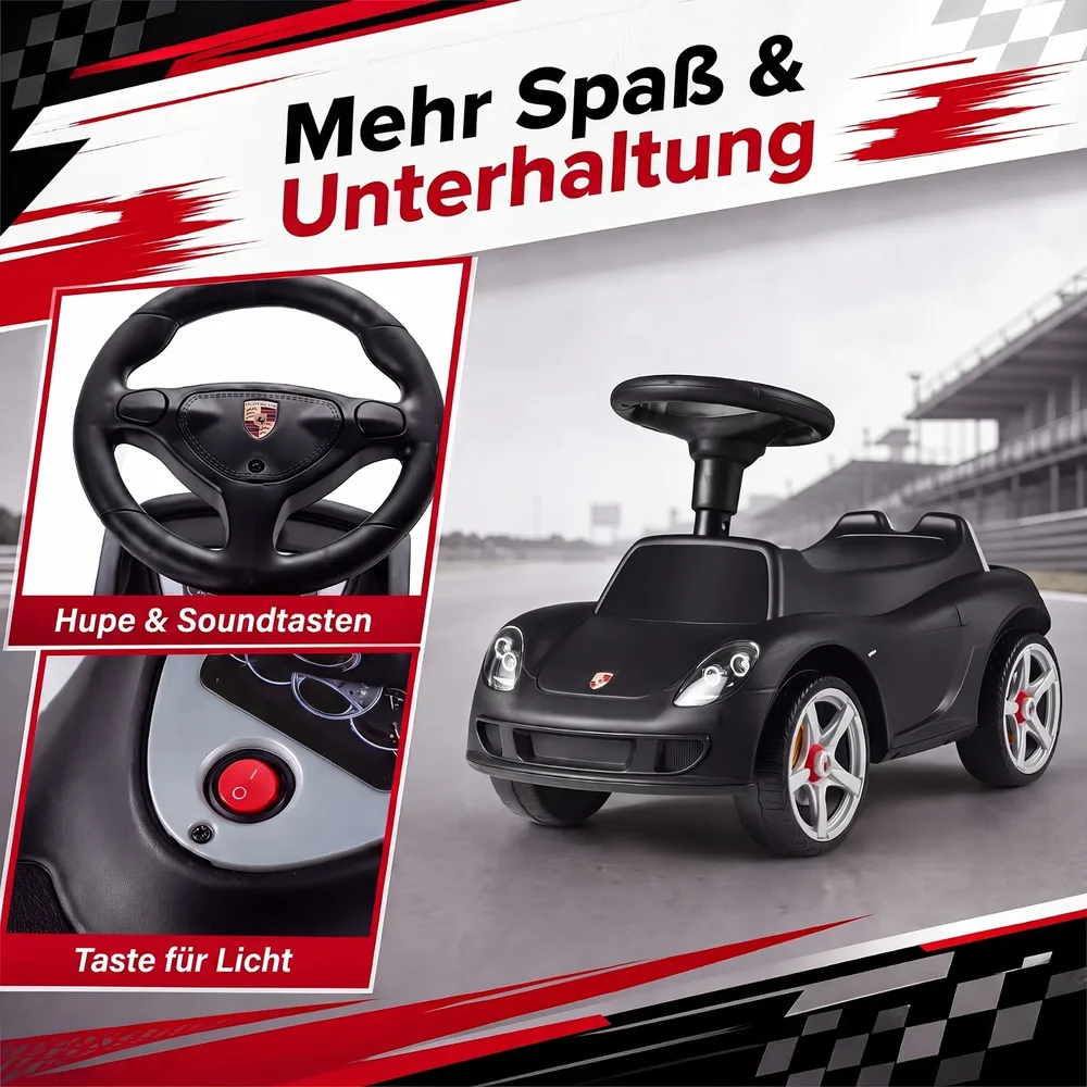 Детска кола за каране с краката Porsche с клаксон и звукови бутони, черна, снимка 4