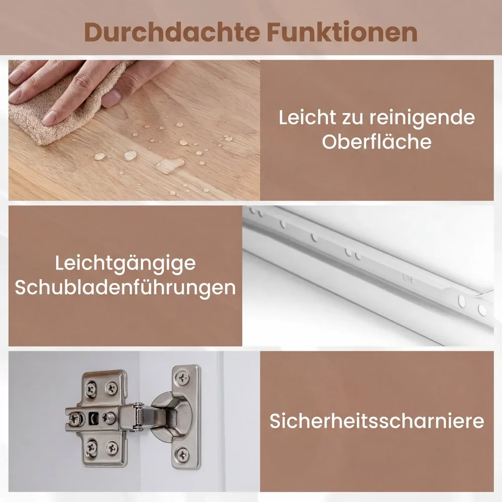 Кухненска количка на колелца със сгъваем плот, 3 чекмеджета и шкаф, бяла, снимка 4