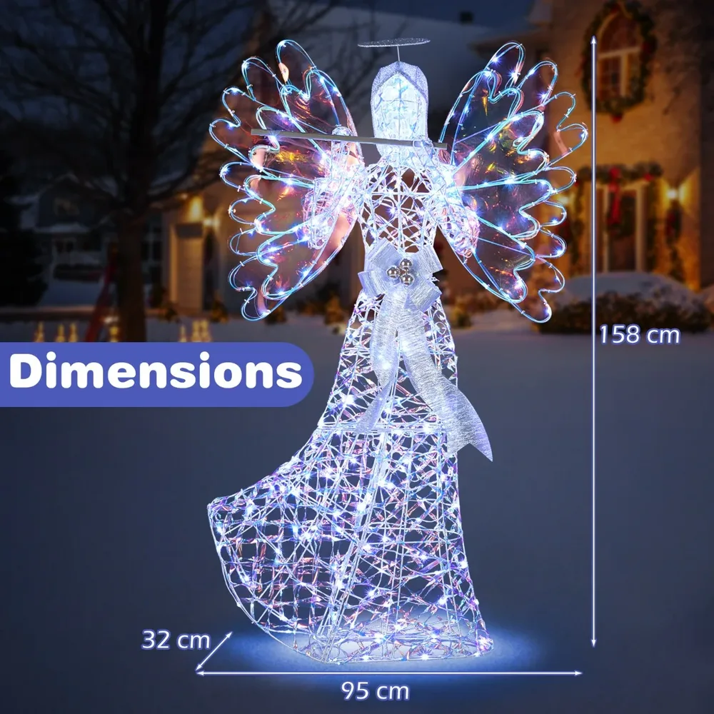 Светещ 3D коледен ангел с флейта и искрящ ореол, 158 см, 250 LED светлини, бял, снимка 7