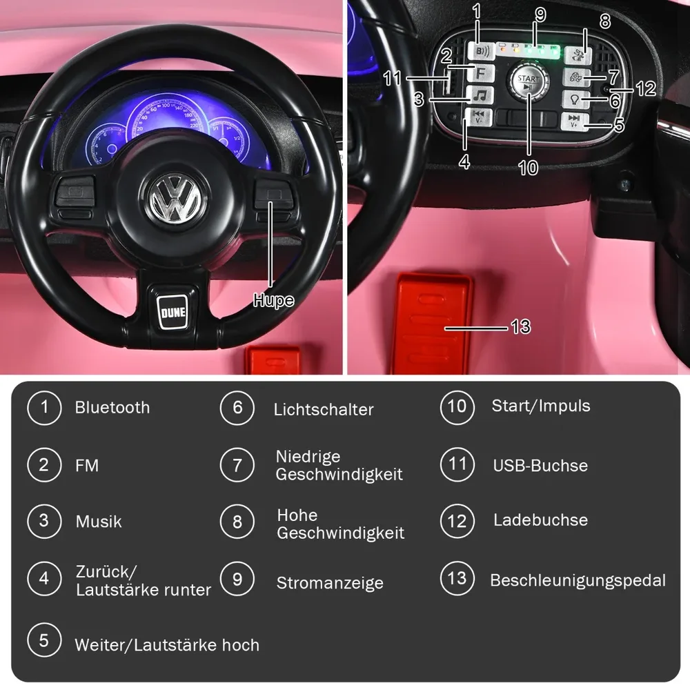Детска електрическа кола VW Beetle с музика, 2 режима на светлини и дистанционно, розова, снимка 6