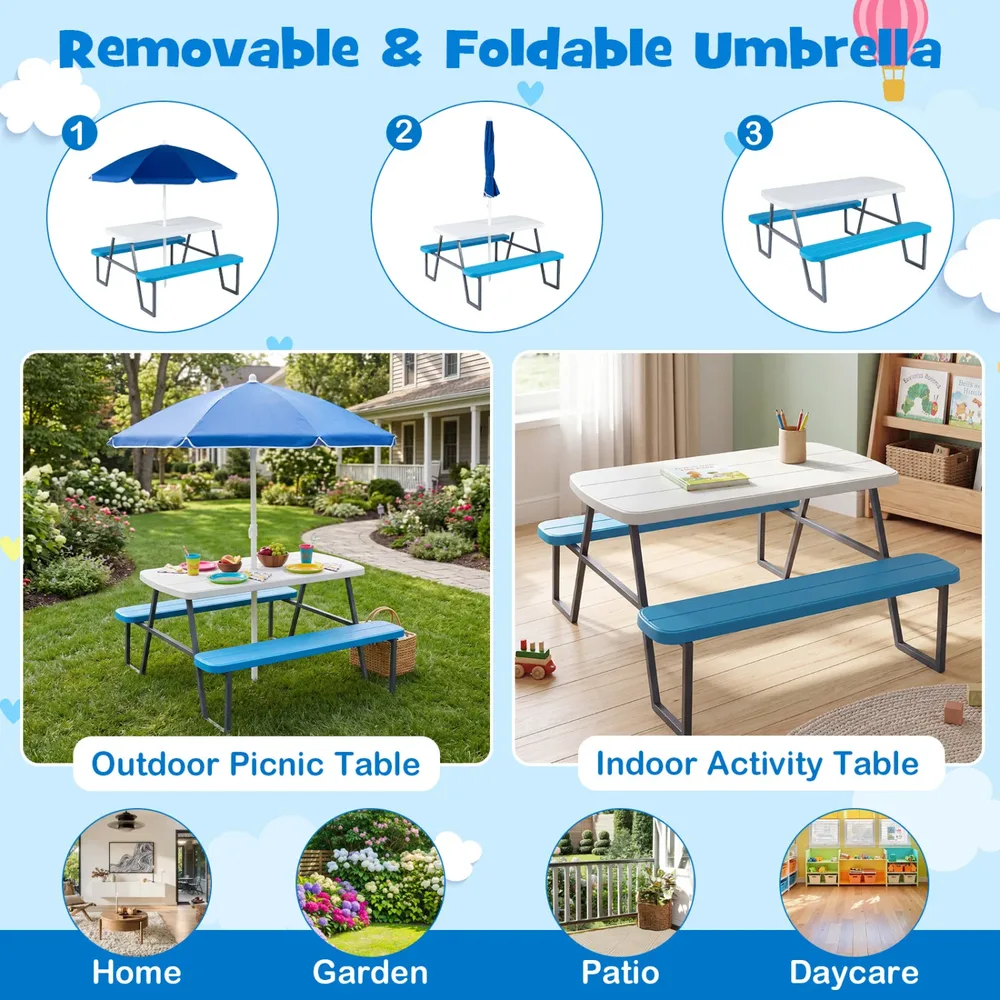 Детска пикник маса с пейки за до 4 деца и чадър, синя, снимка 3