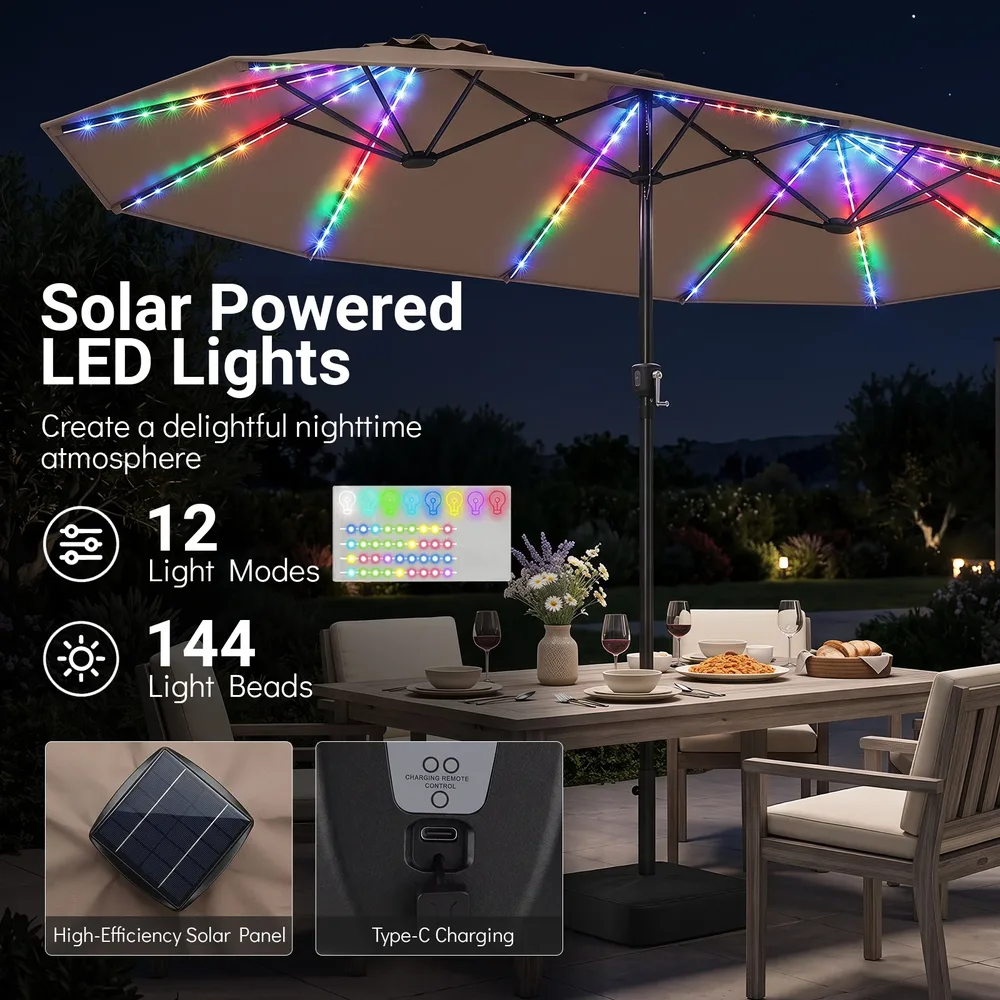 Двустранен градински чадър със 144 соларни LED светлини, 470 × 288 см, с основа, кафяв, снимка 7