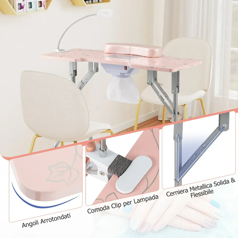 Сгъваема маса за маникюр с прахоуловител, LED лампа и чанта за пренасяне, розова, снимка 4