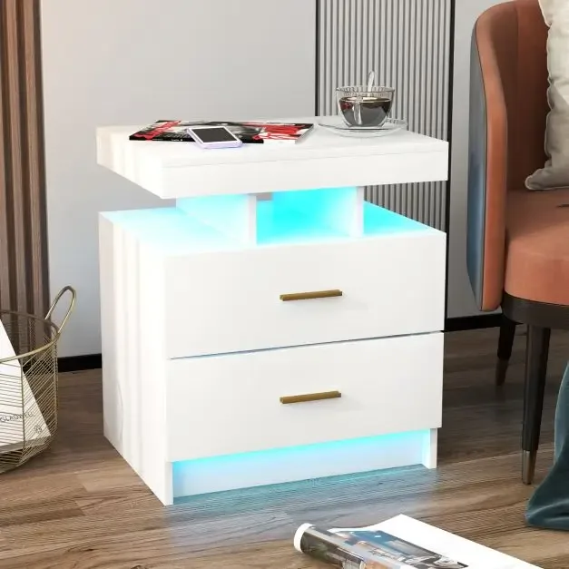 Нощно шкафче с висок гланц, LED осветление и дистанционно управление, бяло, снимка 2