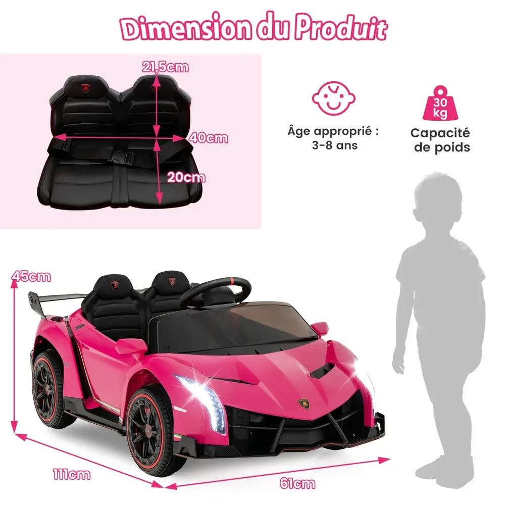 Детска електрическа кола Lamborghini 12V с дистанционно, LED фарове и музика, розова, снимка 7