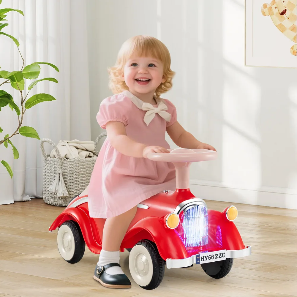 Класическа детска кола за каране с отталкване с крака, клаксон и LED фар, червена, снимка 3