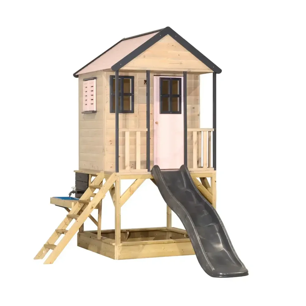 Детска къщичка за приключения Cottage House с платформа, пързалка и кухня - Пастелно розов и сив