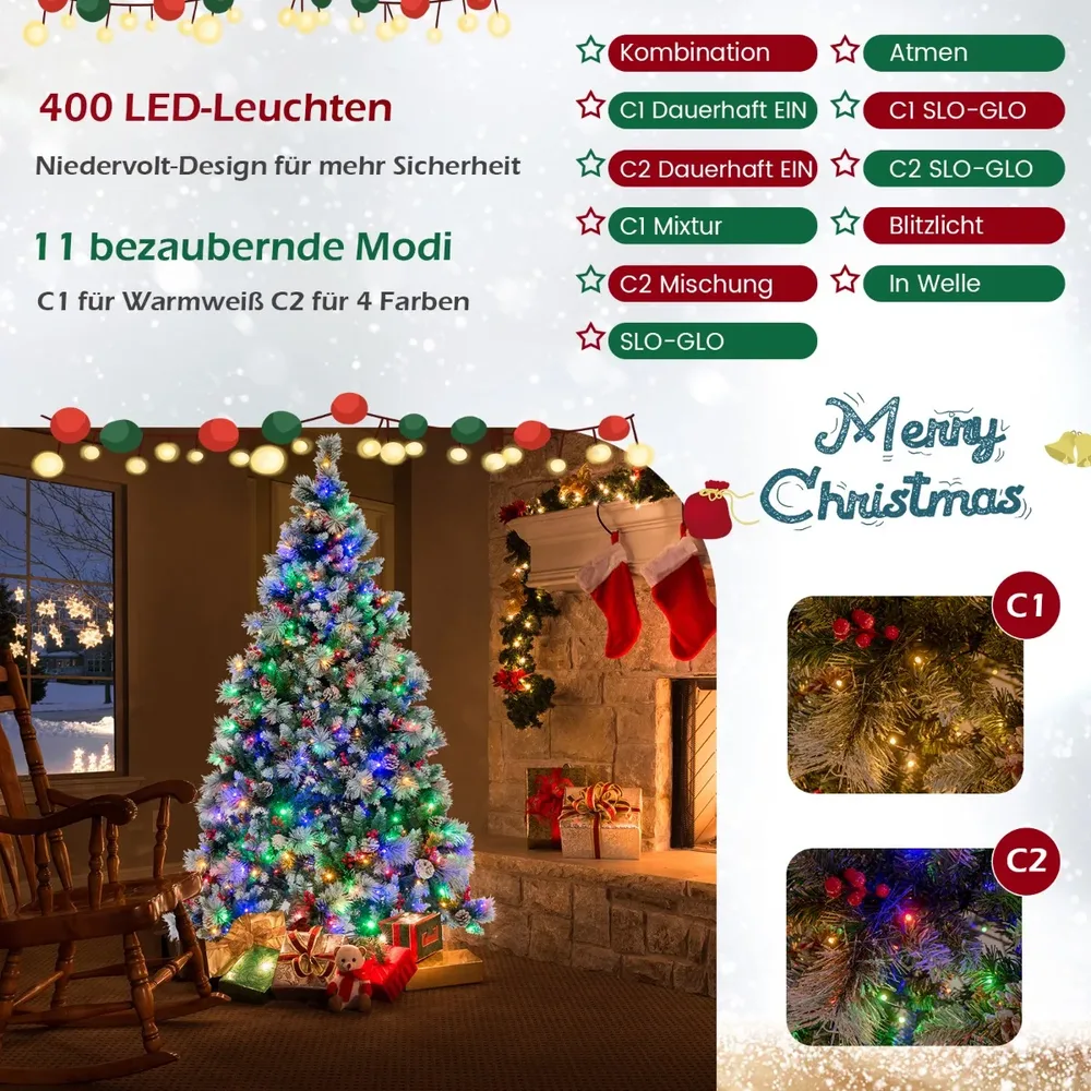 Изкуствена заснежена елха с 400 LED светлини, шишарки и червени плодчета, 215 см, снимка 2