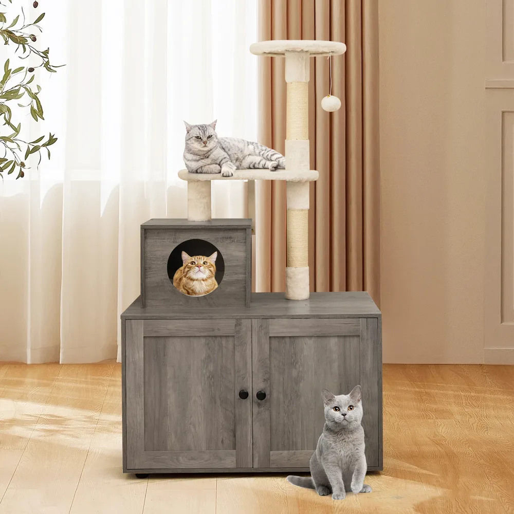 Дърво за котки с шкаф за котешка тоалетна и къщичка, сиво, снимка 3
