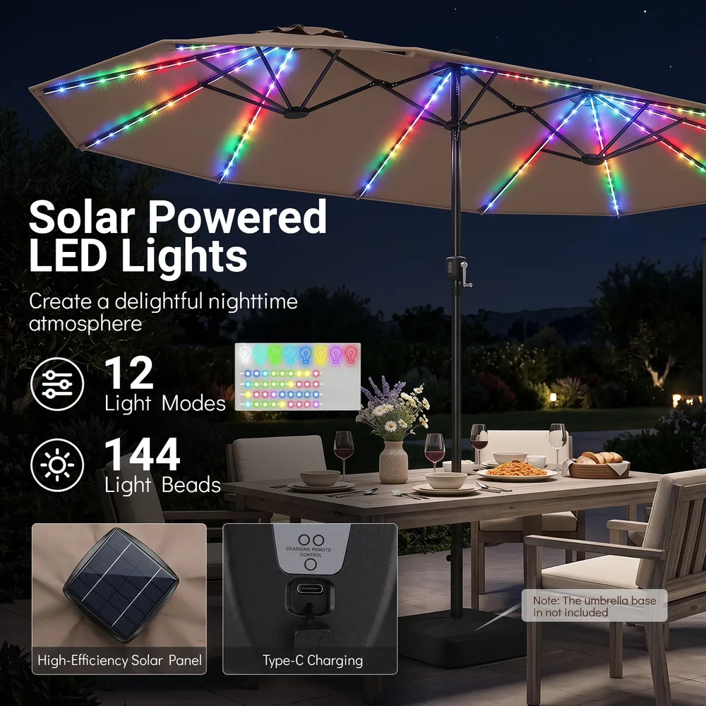 Двустранен градински чадър със 144 соларни LED светлини, 470 × 288 см, без основа, кафяв, снимка 3