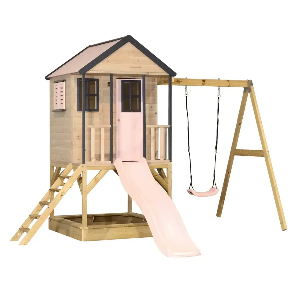 Детска къщичка за приключения Cottage House с платформа, пързалка и една люлка - Пастелно розов