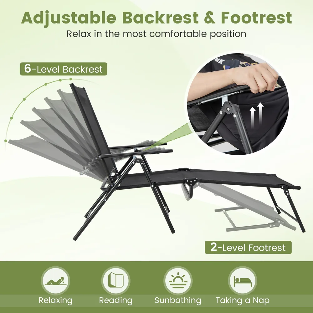Комплект от 2 сгъваеми градински шезлонга с 6-степенно регулируема облегалка, черни, снимка 7