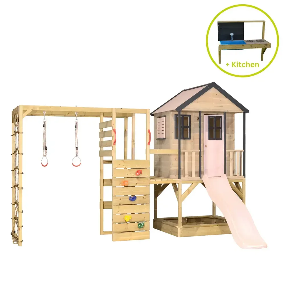 Детска къщичка за приключения Cottage House с платформа, пързалка, фитнес и кухня - Пастелно розов