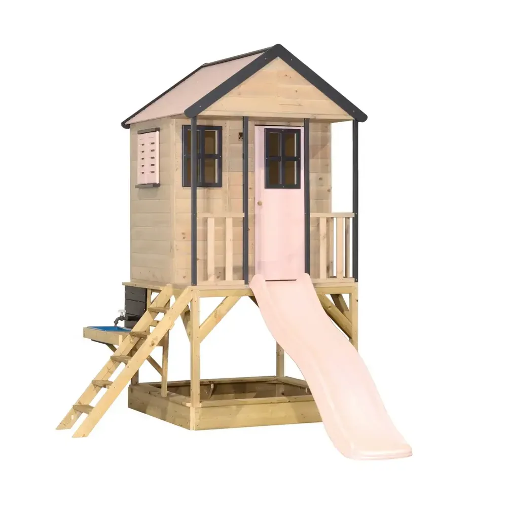 Детска къщичка за приключения Cottage House с платформа, пързалка и кухня - Пастелно розов