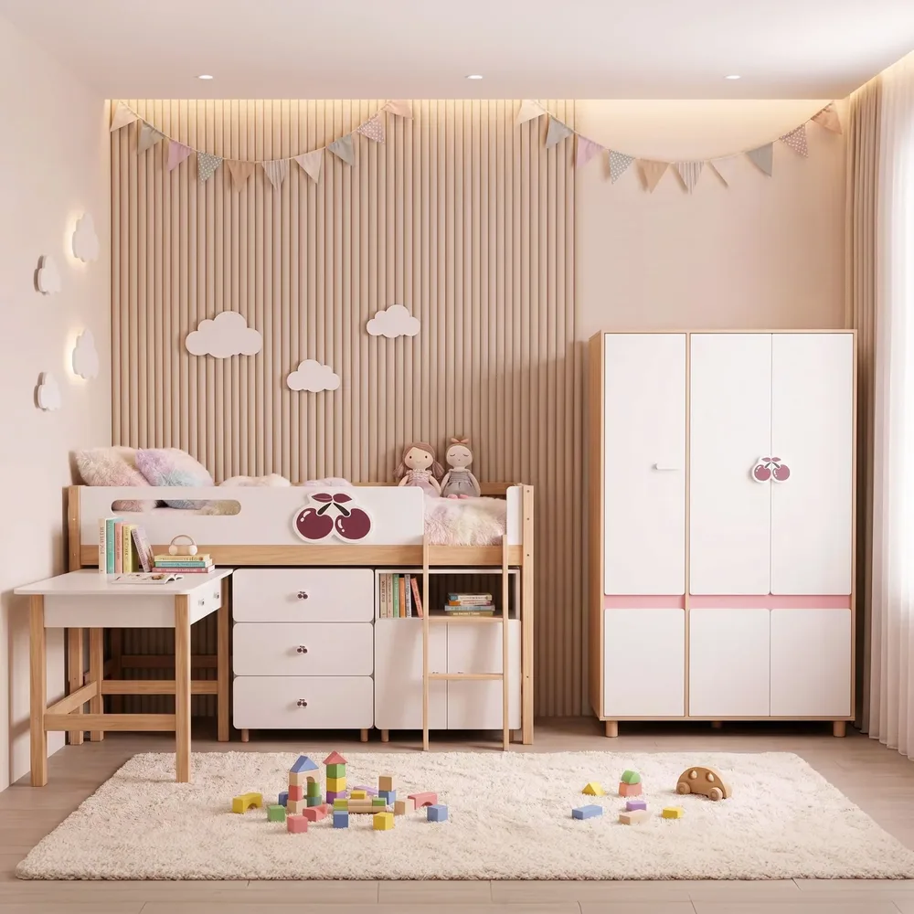 Комплект детска стая CHERRY с комбинирано легло 90x200 см, бюро, скрин, шкаф и трикрилен гардероб, бяло, розово и натурално дърво, снимка 7