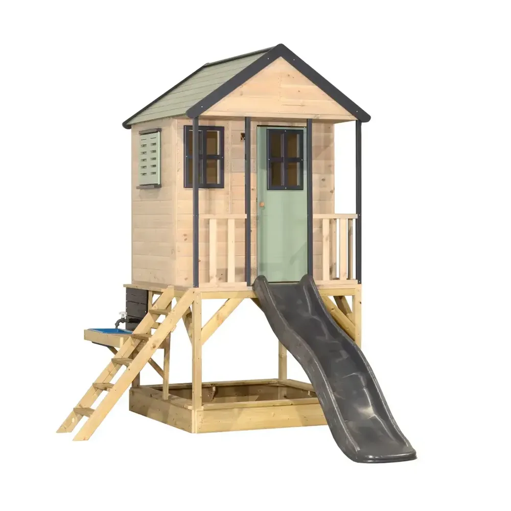 Детска къщичка за приключения Cottage House с платформа, пързалка и кухня - Пастелно зелено и сиво