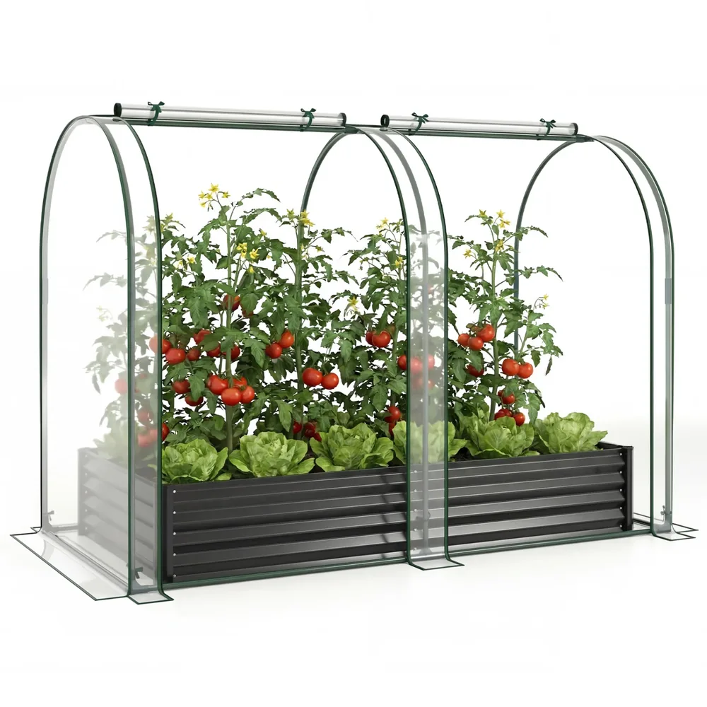 Поцинкована повдигната леха 180 × 90 × 30 см с оранжерийно покритие, черна