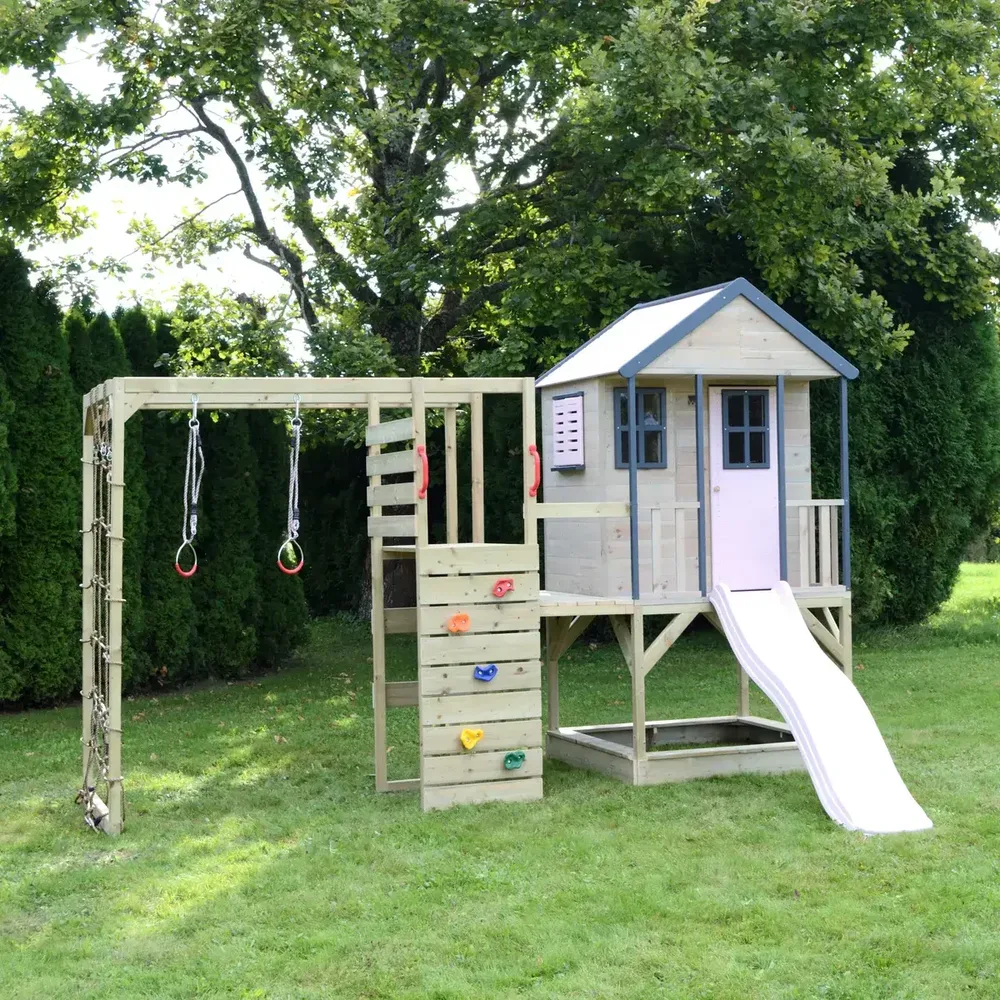 Детска къщичка за приключения Cottage House с платформа, пързалка и фитнес - Пастелно розов, снимка 2