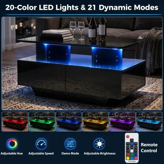 Холна маса 90 см с LED осветление в 20 цвята и 2 чекмеджета, черна, снимка 2