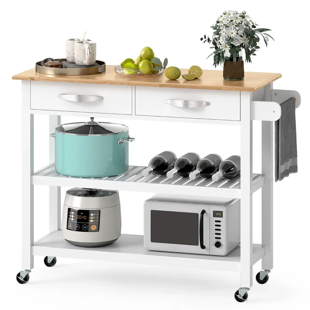 Кухненски остров на колелца с дървен плот, 2 чекмеджета и 2 отворени рафта, бял