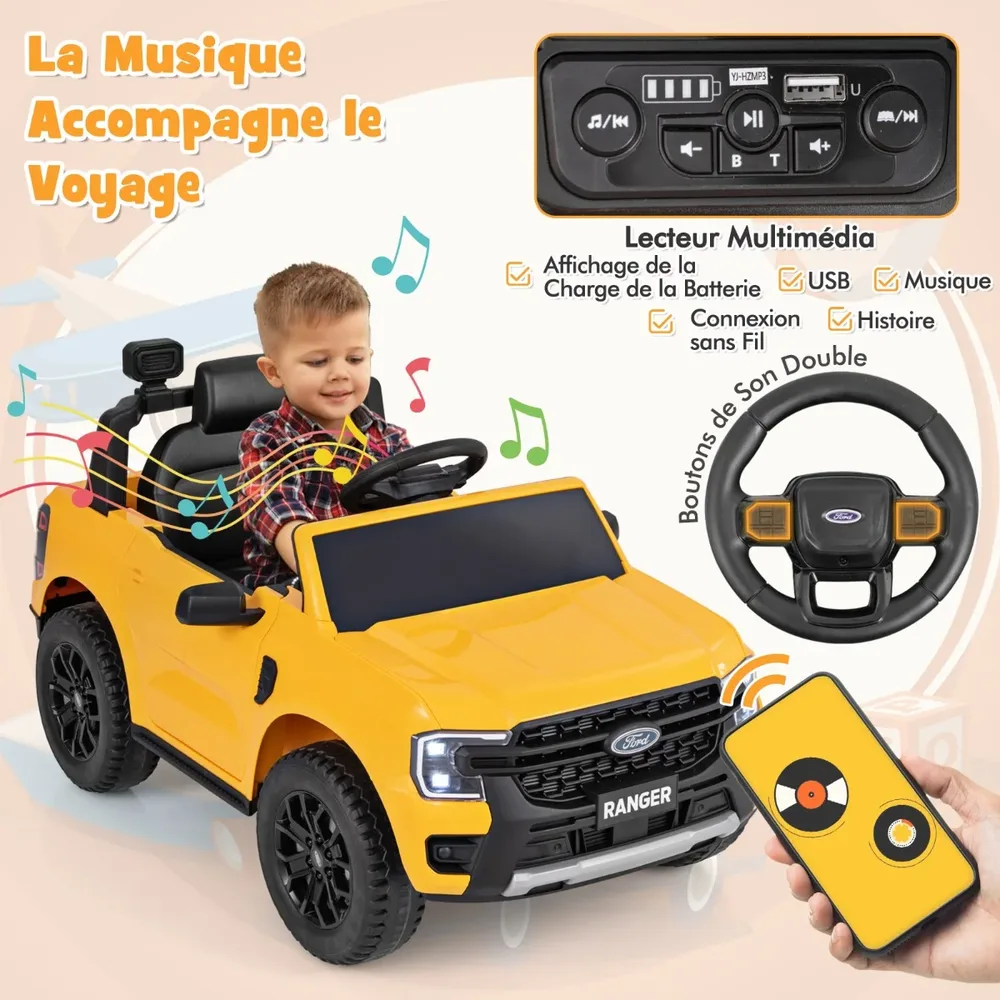 Детска електрическа кола Ford Ranger 12V с дистанционно, музика и кош за съхранение, жълта, снимка 7
