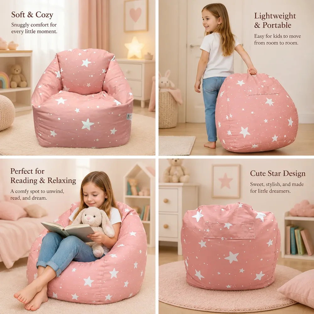 Детски пуф кресло Little Stars, 100% памук, розов барбарон със звезди, 55x44x55 см, снимка 5