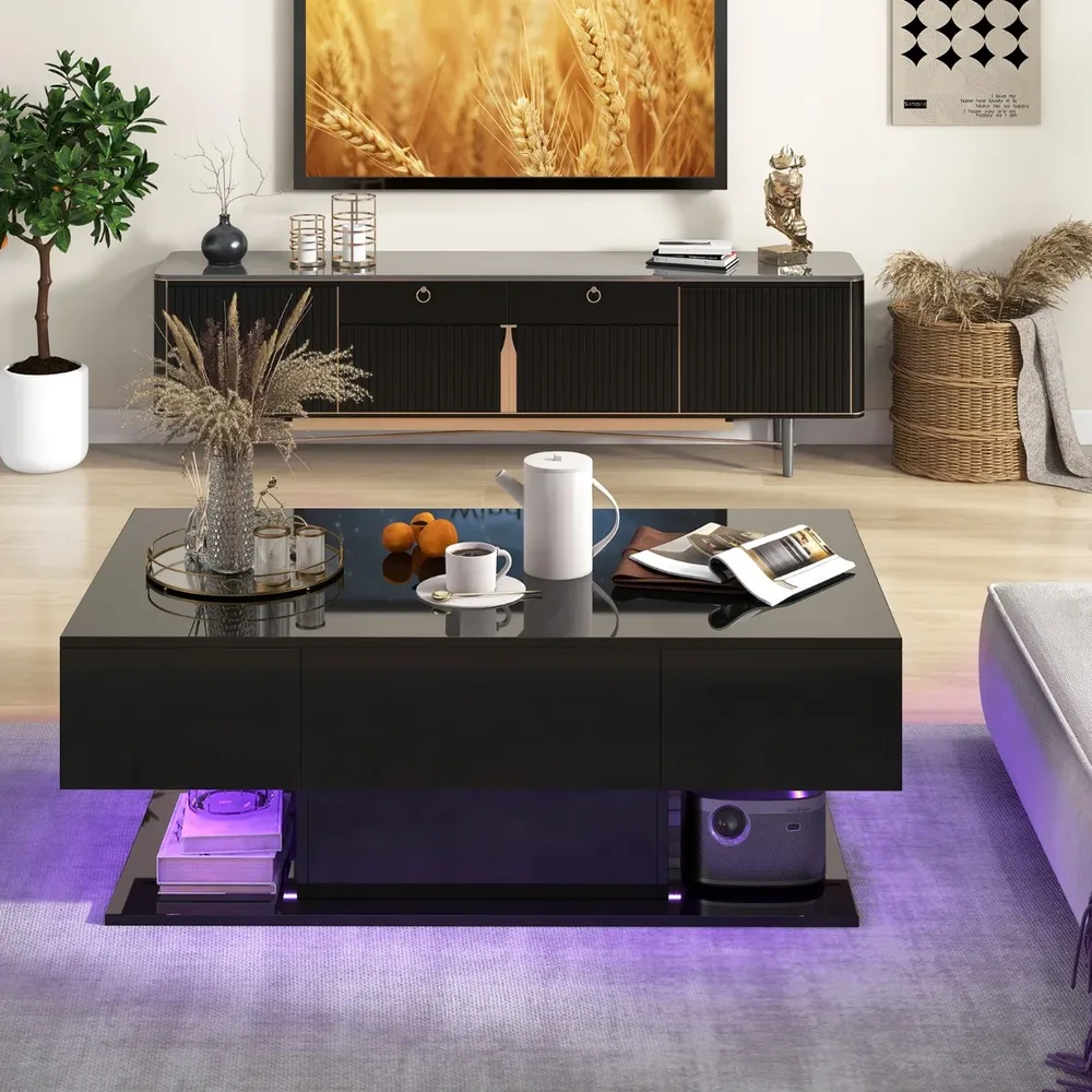Холна маса с висок гланц и LED осветление в 20 цвята, 110 × 60 × 40 см, черна, снимка 2