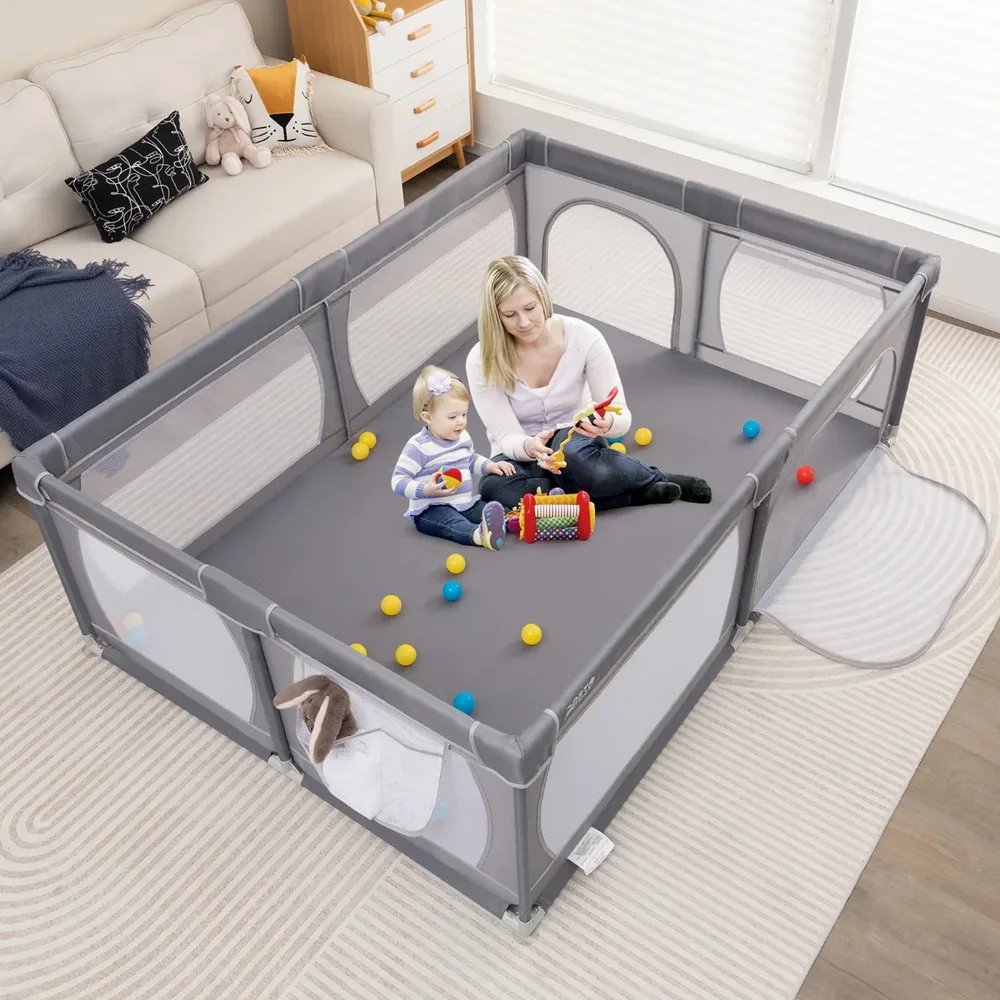 Бебешка кошара за игра с 50 топки, 2 вратички и дишаща мрежа, тъмносива, снимка 4
