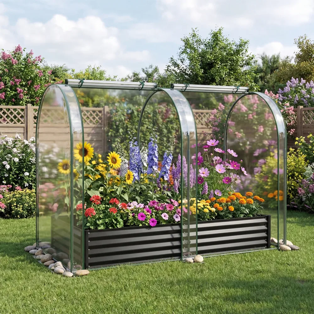 Поцинкована повдигната леха 180 × 90 × 30 см с оранжерийно покритие, черна, снимка 2