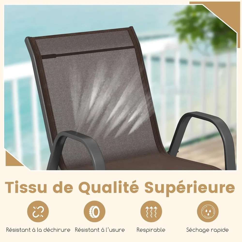 Комплект от 4 подреждащи се градински стола с метална рамка и текстилин, кафяви, снимка 5