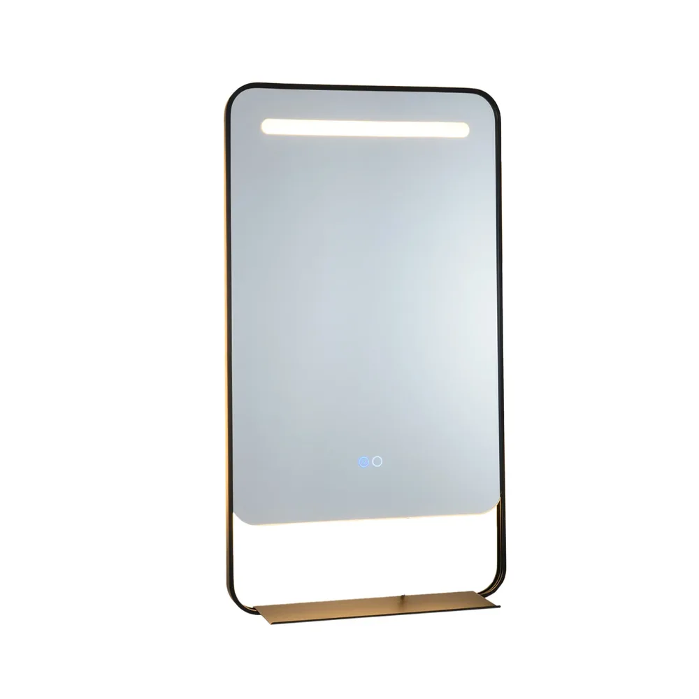 Огледало за баня с LED осветление, рафт и 3-кратно увеличение, 80 × 60 см, черно