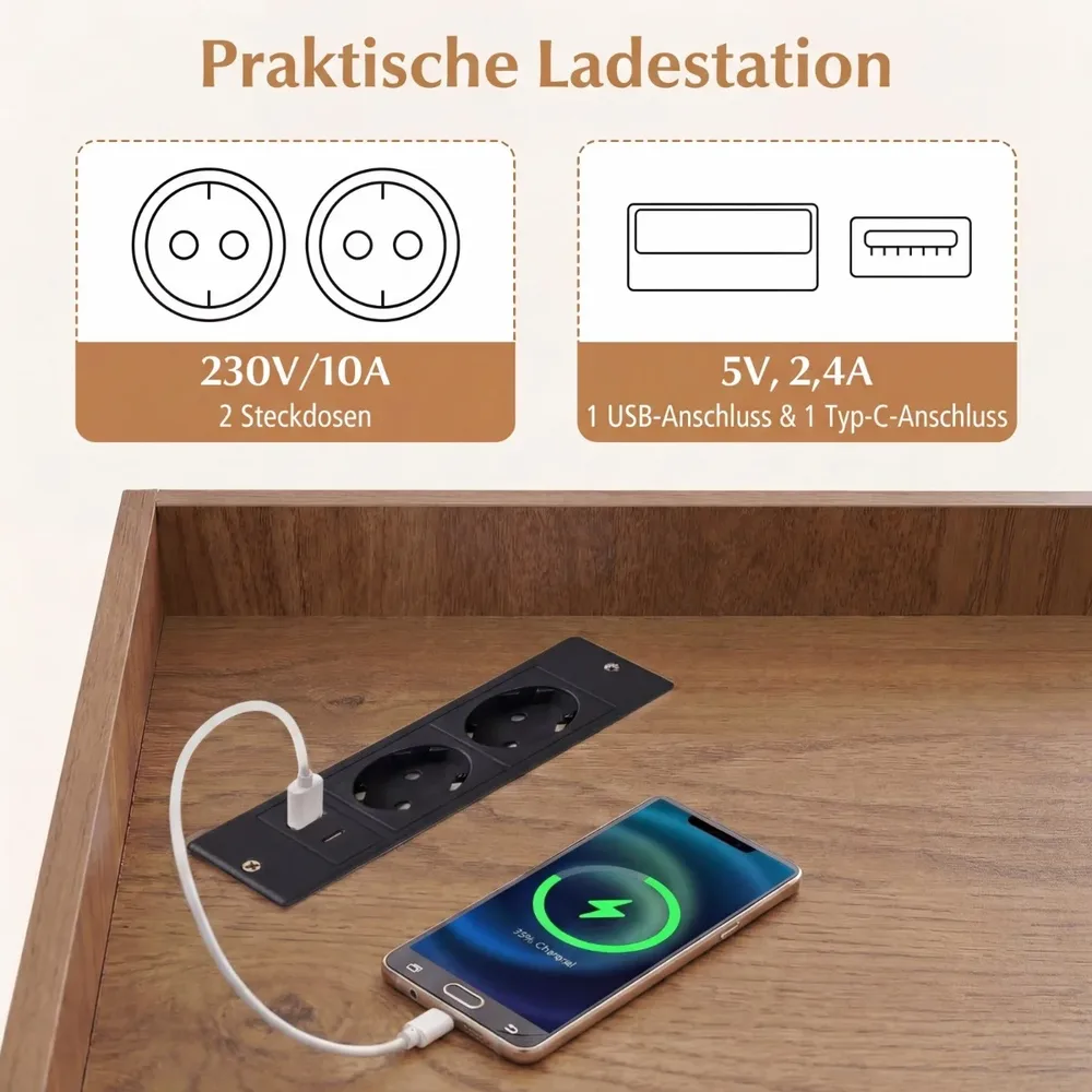 Ъглова етажерка със зарядна станция и 9 отделения, 4 контакта и 2 USB порта, натурална, снимка 5
