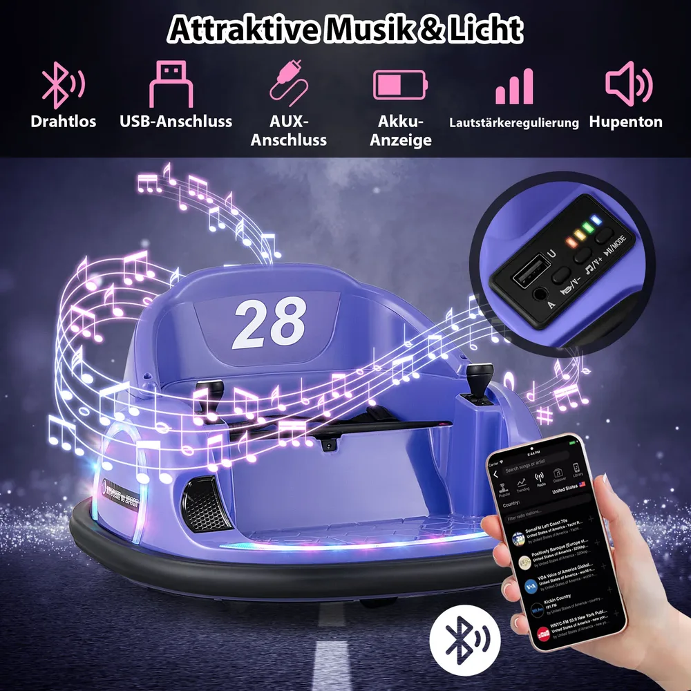 Детска електрическа бъмпер кола 12V с въртене на 360° и дистанционно, лилава, снимка 7