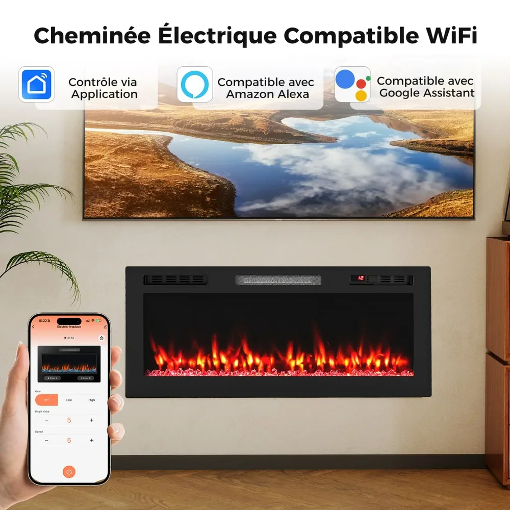 Електрическа камина за вграждане или стенен монтаж 750/1500 W с дистанционно, черна, снимка 7