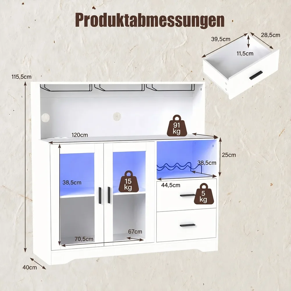 Бюфет с отворени отделения, контакти и LED осветление, 120 × 40 × 115,5 см, бял, снимка 3