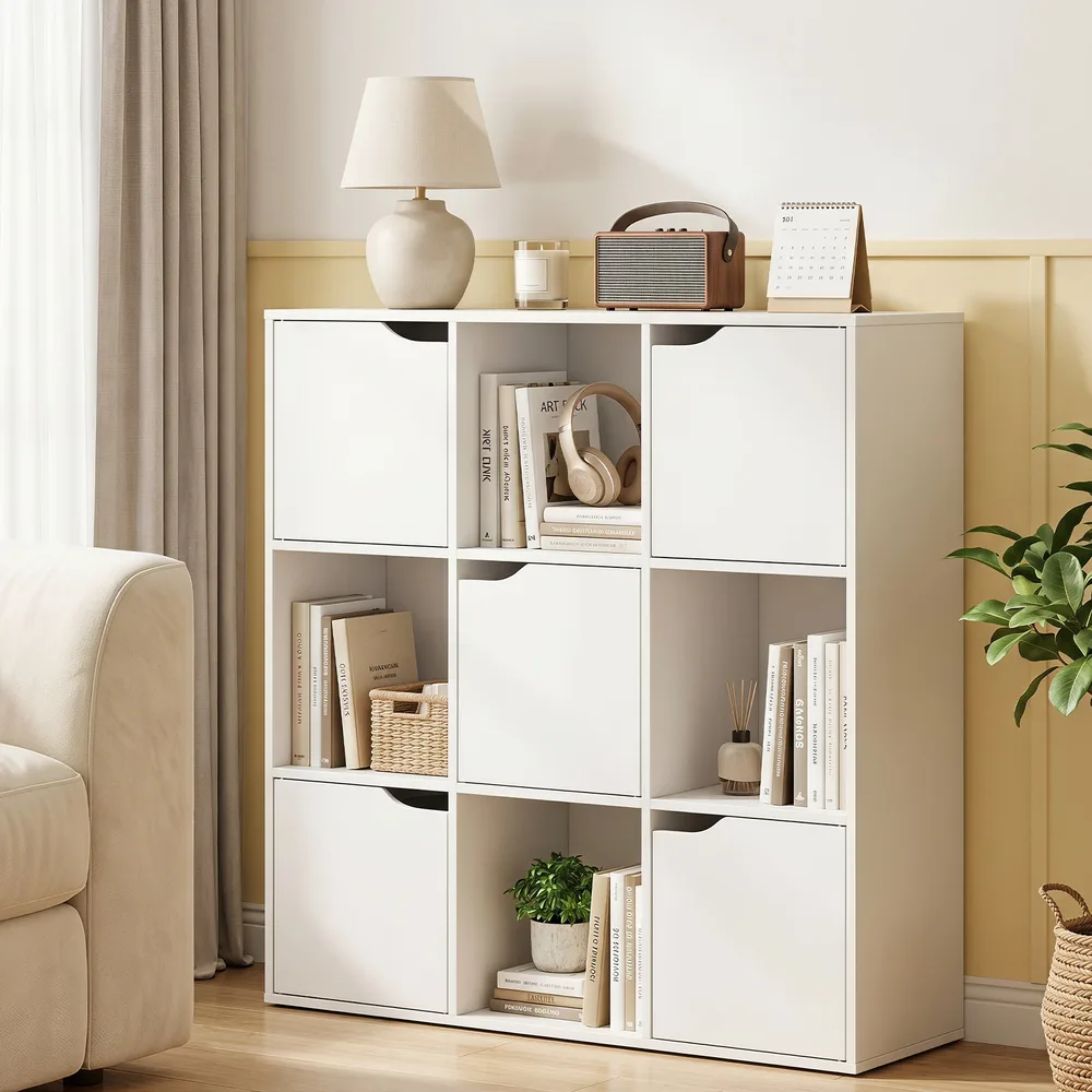 Дървена етажерка с 9 отделения, 5 от тях с вратички, 90 × 29 × 90 см, бяла, снимка 3