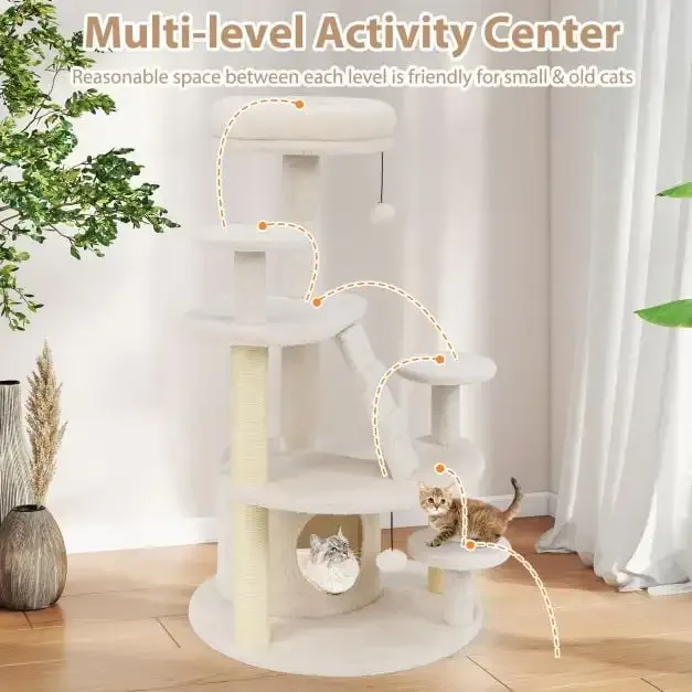 Многоетажно дърво за котки 101 см с къщичка, стълбичка и подплатена платформа, бежово – код PV10346WH, снимка 6