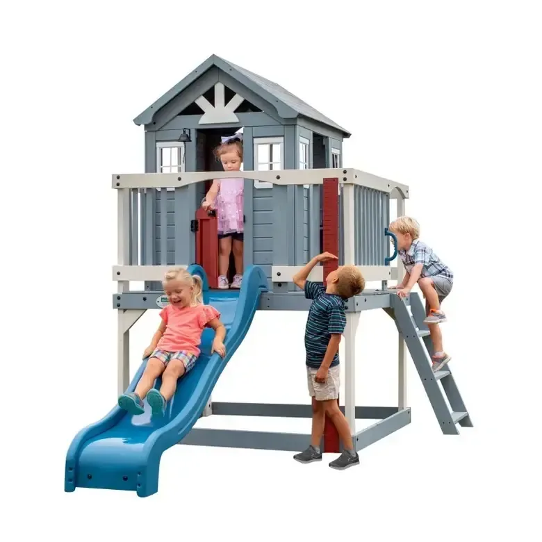 Beacon Heights Playhouse със синя пързалка, пясъчник и веранда, снимка 2