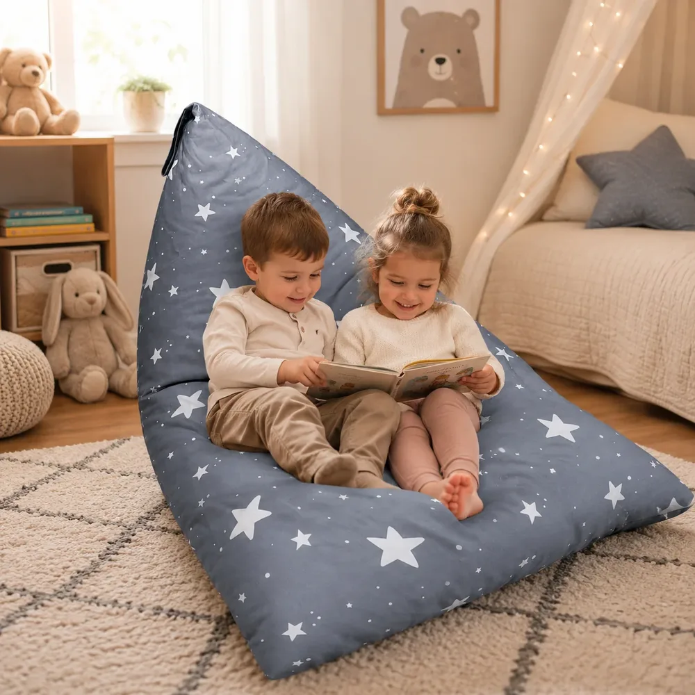 Детски пуф лежанка Little Stars, 100% памук, сив барбарон със звезди, 127x81x76 см, снимка 4