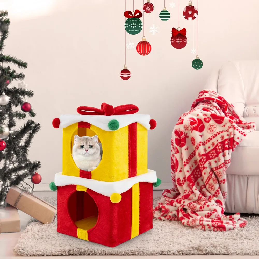 Коледна къщичка за котки от 2 кутии-подаръци с панделка, многоцветна, снимка 6