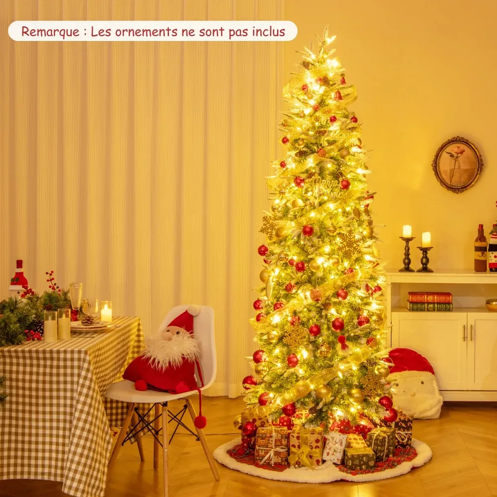 Изкуствена тясна заснежена елха на панти с топли LED светлини и шишарки, 225 см, снимка 8