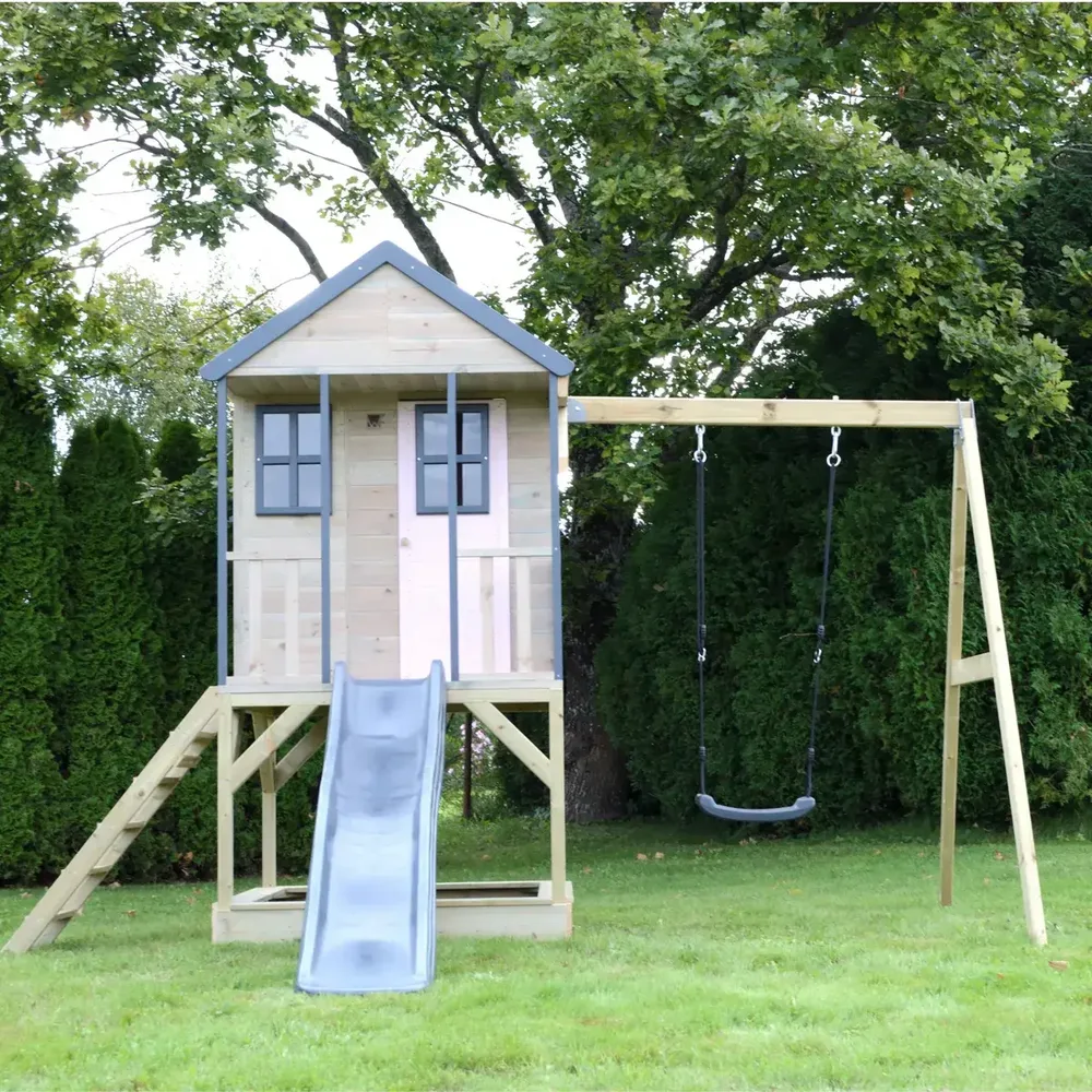 Детска къщичка за приключения Cottage House с платформа, пързалка и една люлка - Пастелно розов и сив, снимка 3