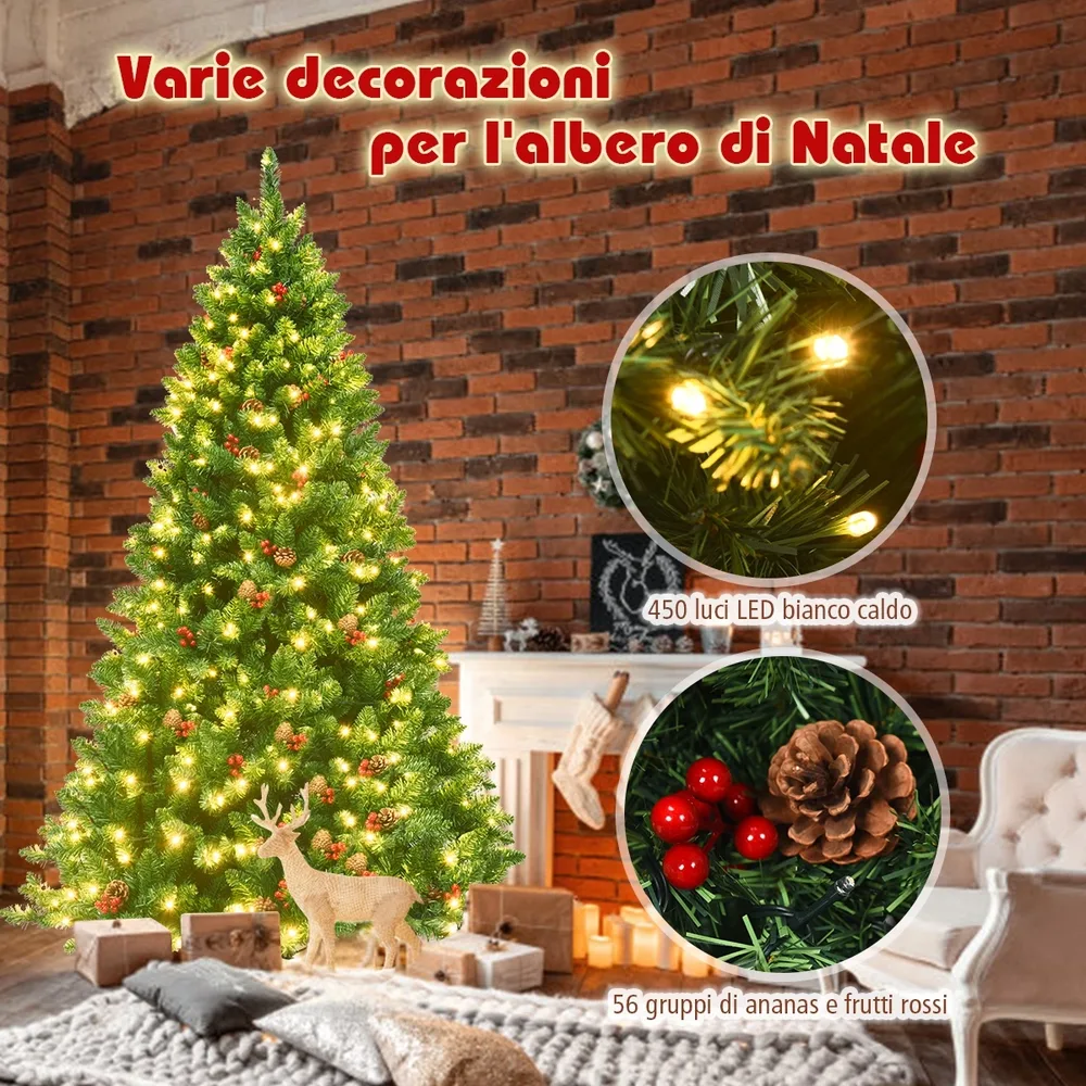 Изкуствена елха с LED светлини, шишарки и плодчета, 200 см, снимка 5