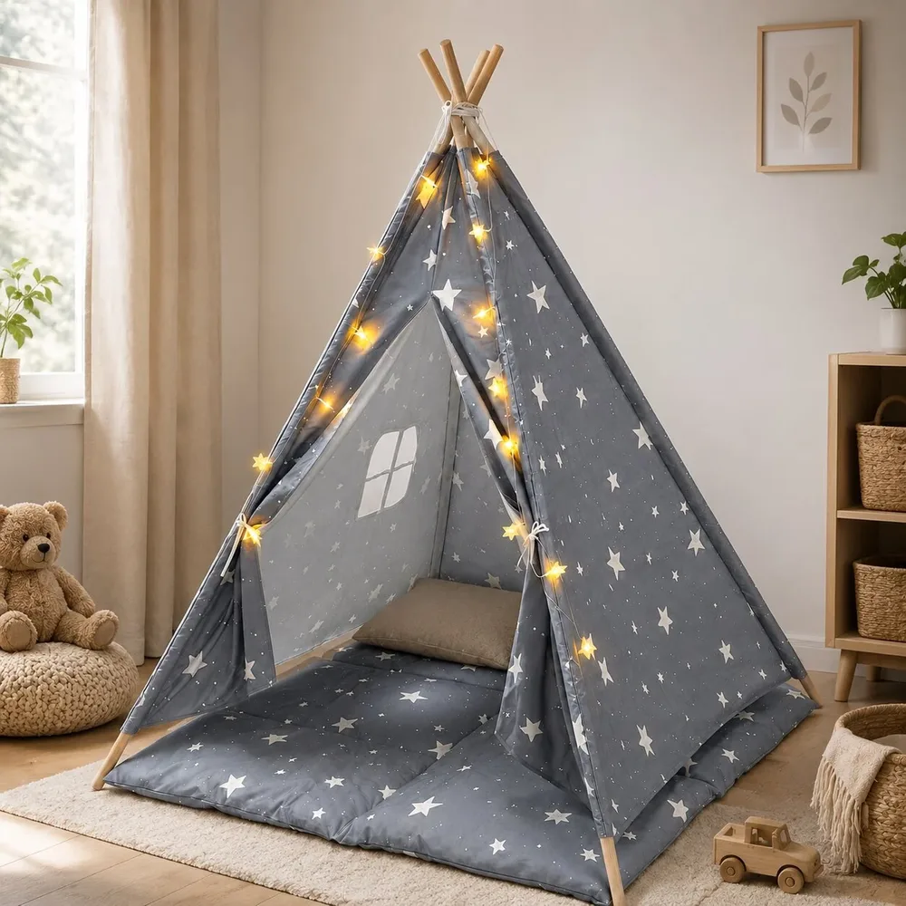Детска памучна палатка Little Stars, типи, сива със звезди, 100% памук, с мека подложка с пълнеж, възглавница и LED лампички, 120x120x160 см, снимка 9