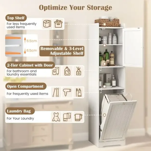 Висок шкаф за баня с кош за пране и регулируем рафт, бял, снимка 7