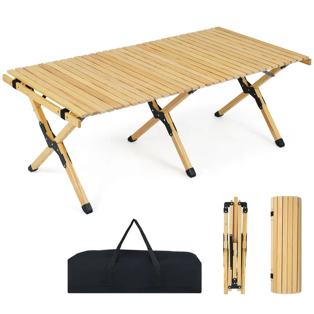Сгъваема къмпинг маса 122 см от борово дърво с чанта за носене, натурална