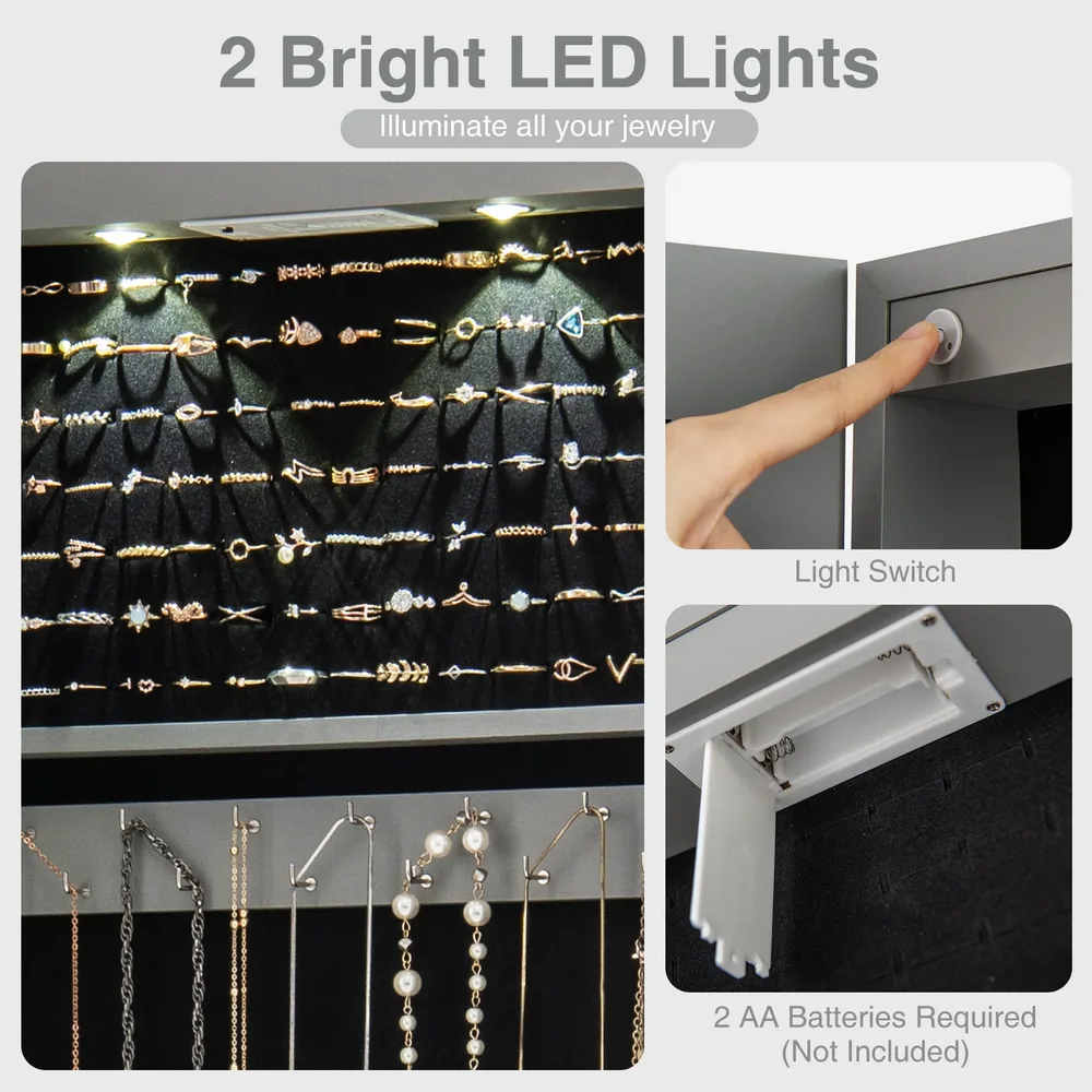 Бижутерен шкаф с огледало и LED осветление за врата или стена, сив, снимка 8