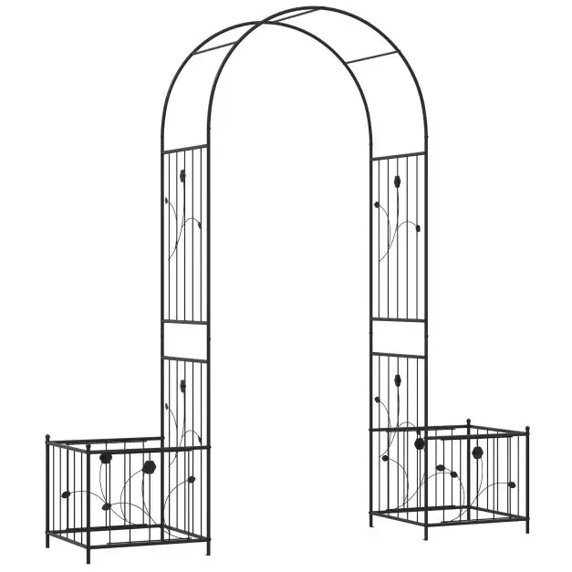 Метална градинска арка с 2 саксии за катерливи растения, 198 × 49,5 × 221 см, черна