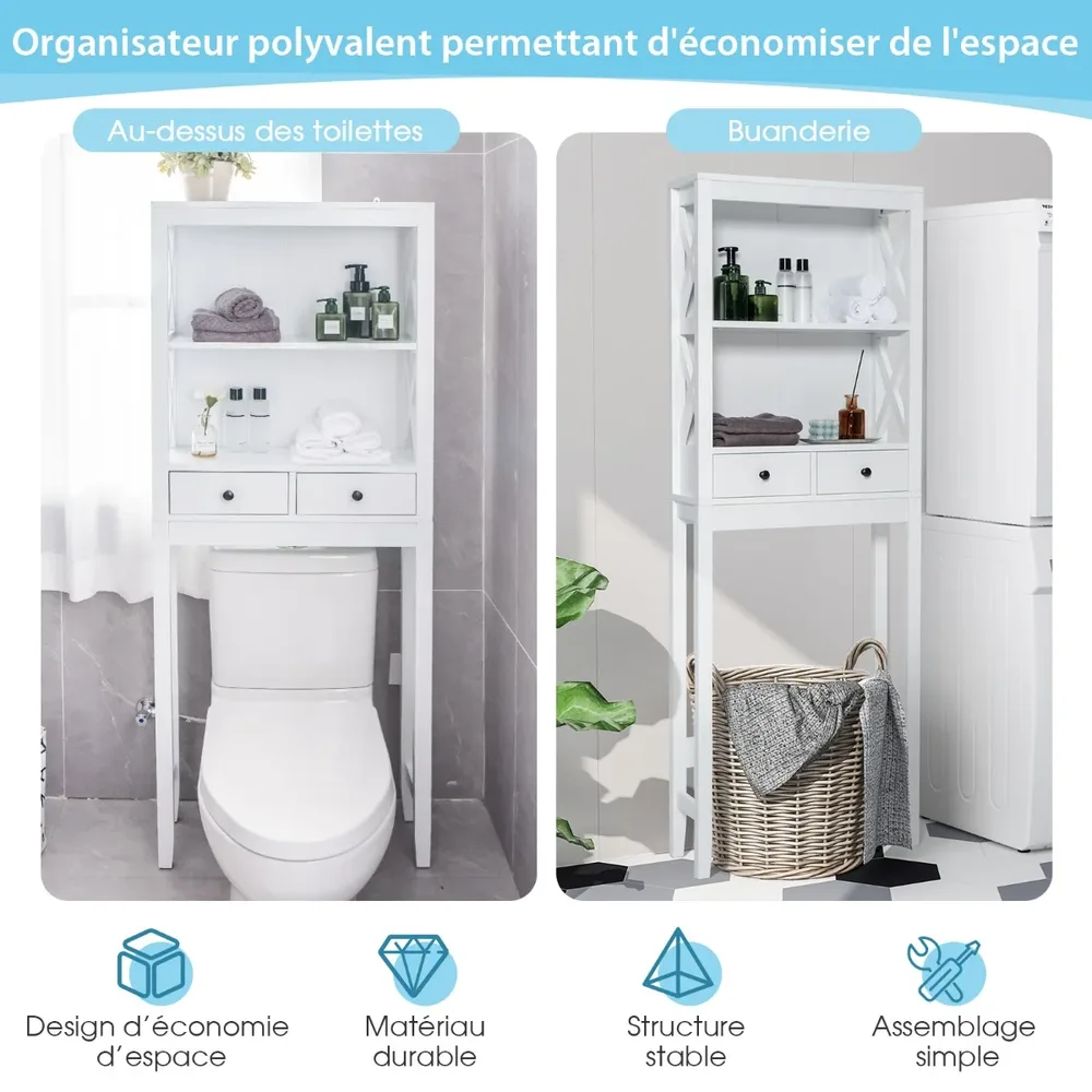 Етажерка над тоалетната с 3 отворени рафта и 2 чекмеджета, 165 см, бяла, снимка 4