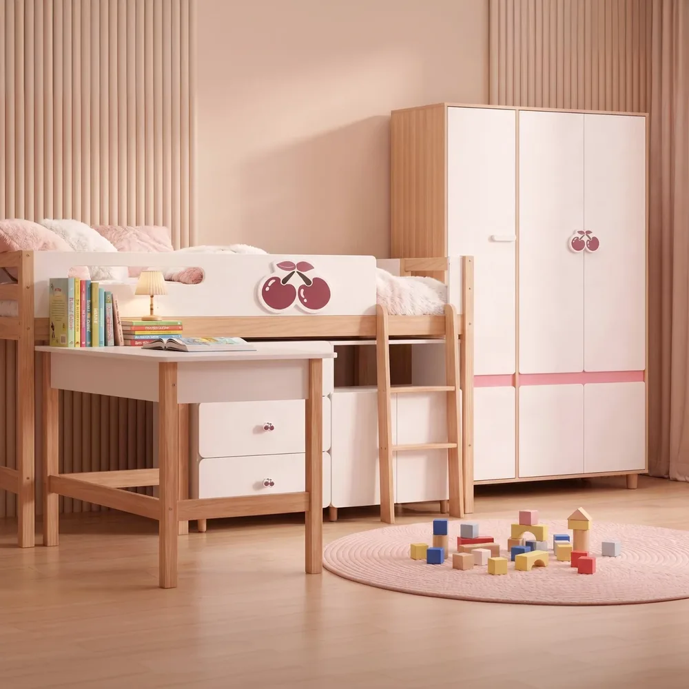 Комплект детска стая CHERRY с комбинирано легло 90x200 см, бюро, скрин, шкаф и трикрилен гардероб, бяло, розово и натурално дърво, снимка 3